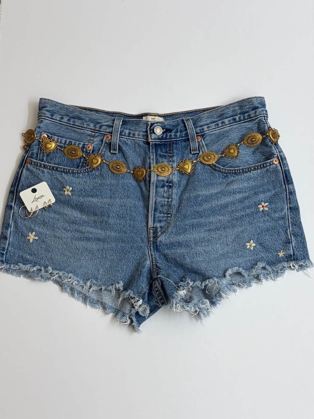 Denim Cutoff Shorts with Embroidered Flowers